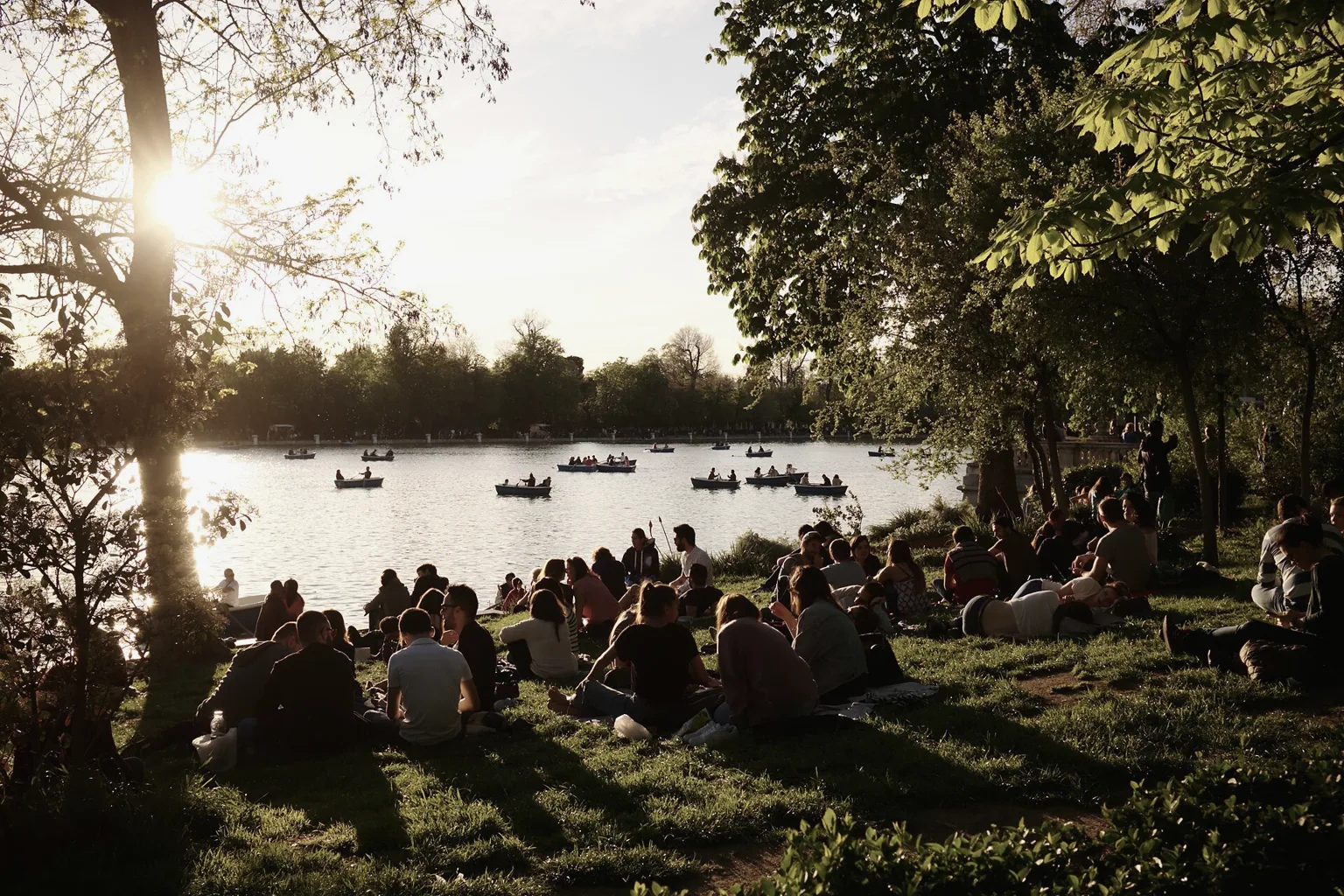 The lake in Madrid's Retiro Park in the late afternoon.